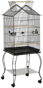 PawHut Gaiola para Pássaros com Suporte Rodas Bandeja Amovível 2 Comedouros e Prateleira Inferior de Metal 50x58x145 cm Preto