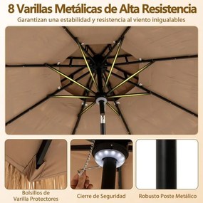 Guarda-sol de 313 cm com luzes LED Estilo havaiano Cabo basculante Palha PE Natural + Preto