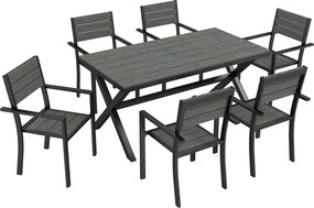 Outsunny Conjunto de Jantar Exterior 7 Peças para 6 Pessoas, Mesa e Cadeiras Empilháveis com Ripado Efeito Madeira, Estrutura em Alumínio, Cinza | Aosom Portugal