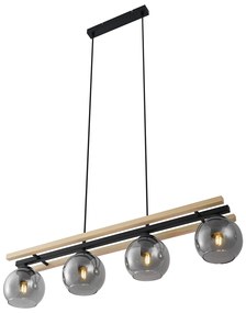 Candeeiro suspenso moderno preto com madeira e vidro fumado 4 luzes - Aleks Moderno