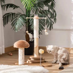 Arranhador para Gatos com Postes de Sisal em Forma de Cogumelo Brinquedo Suspenso Penas Pista de Bolas de Madeira e Bola com Mola 46x44x56,5cm Marrom