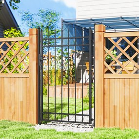 Portão de Jardim 89x147,5 cm Porta para Vedação de Barra de Aço Galvanizado com Puxador Fechadura e 3 Chaves Preto