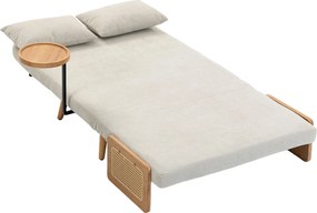 Sofá-Cama 2 Lugares 3 em 1 em Chenille com Encosto Ajustável, Mesa Lateral e 2 Almofadas, Creme