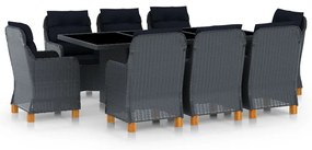 vidaXL 9 pcs conj. jantar exterior c/ almofadões vime PE cinza-escuro