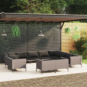 vidaXL 12 pcs conj. lounge jardim c/ almofadões vime PE cinza-escuro