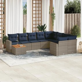 10 pcs conjunto sofás p/ jardim c/ almofadões vime PE cinzento