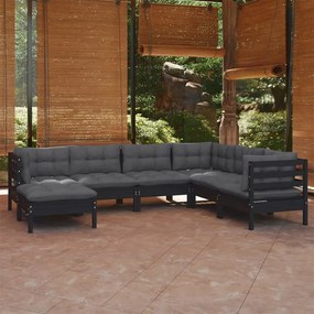 vidaXL 7 pcs conjunto lounge jardim c/ almofadões pinho maciço preto