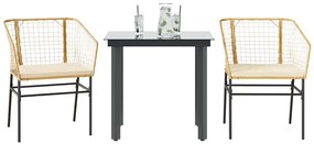 Conjunto jantar jardim 3 peças almofadas vidro vime PE castanho