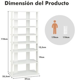 Sapateira vertical de sapatos de 7 níveis Torre de armazenamento de sapatos com várias camadas 47 x 25,5 x 110 cm Branca