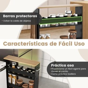 Carrinho de cozinha estreito 47,5 x 20 x 80,5 cm de 4 níveis com rodas com pega e estantes abertas para espaços pequenos Preto