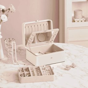 Caixa para joias 17,6 x 22 x 11 cm com duas camadas, espelho e tabuleiro flexível, branca