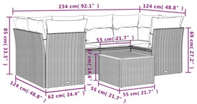 7 pcs conjunto sofás p/ jardim c/ almofadões vime PE cinzento