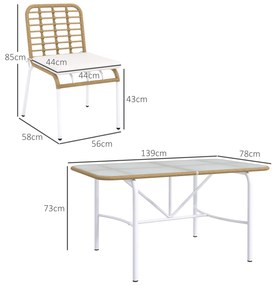 Conjunto de Jardim de Vime Sintético Jogo de 7 Peças Inclui 6 Cadeiras Empilháveis com Almofadas e Mesa de Vidro Natural