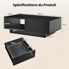 Mesa de Centro Contemporânea com Luzes LED 20 Cores 95x55x31 CM Mesa de Sala com Gaveta Grande e Compartimento Branca