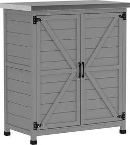 Armário de Exterior em Madeira com Tampo de Aço Galvanizado Prateleira 2 Portas  para Armazenamento de Ferramentas 79x43x92 cm Cinza