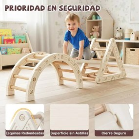 Conjunto de triângulo para crianças de escalada Montessori 5 em 1 com trepa-trepa em forma de triângulo Arco e escada dupla Bege + Castanho