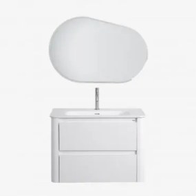 Conjunto De Móvel De Casa De Banho Suspenso 80x50 Cm Em Madeira Com Lavatório Integrado Egerton Branco & Oval Led E Anti-embaciamento 100x80 - Sklum