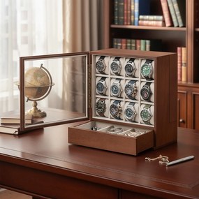 Caixa para relógios com 12 compartimentos, folheado de madeira maciça com janela 15,5 x 30 x 33,2 cm castanho