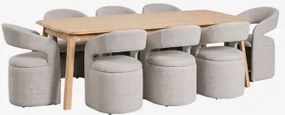 Conjunto De Mesa Extensível 220-320x95 Cm Em Carvalho Treveris E 8 Cadeiras Com Braços Em Tecido Bouclé Jules Castanho Roble - Sklum