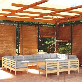 14pcs conjunto lounge de jardim + almofadões cinza pinho maciço