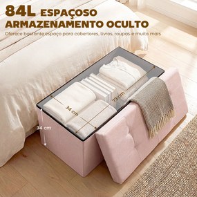 Puff de Arrumação Banco Dobrável 84 L 76x38x38 cm Estofado em Linho Sintético, Baú de Arrumação Rosa