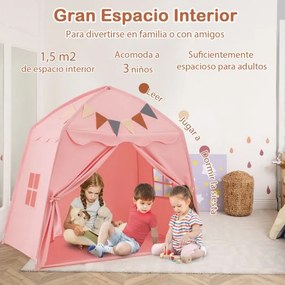 Tenda para crianças 157 x 98 x 148 cm com faixas e luzes de cordas Casa de brincar grande para crianças dos 3 aos 12 anos Rosa