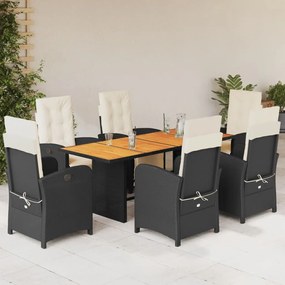 vidaXL 7 pcs conjunto de jantar p/ jardim c/ almofadões vime PE preto