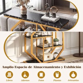 Mesa Consola Moderna 4 Níveis 100 x 29,5 x 80 cm Estrutura Metálica com Prateleiras e Superfície imitação Mármore Preto e Dourado