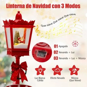 Candeeiro Natal musical natalina com 185 cm com luzes LED brancas quentes Efeitos de neve Base recarregável Vermelho