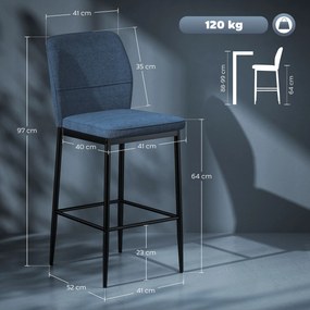 Conjunto de 2 Bancos de Bar Bancos Altos de Cozinha com Encosto e Apoio para os Pés Estofados em Veludo 41x52x97 cm Azul