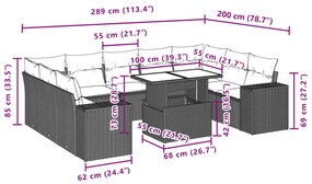 10 pcs conj. sofás jardim com almofadões vime PE castanho