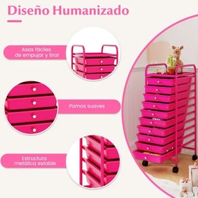 Carrinho multifuncional com rodas e 10 gavetas removíveis com estrutura metálica e gavetas empilháveis 33 x 37 x 86 cm Rosa escuro