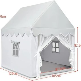 Tenda para crianças 120 x 105 x 140 cm Estrutura de madeira sólida e tapete de algodão, casa com loja, porta e janela cinza