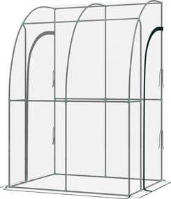 Estufa de jardim encostada, com 2 portas enroláveis com fecho de correr, em aço e PVC transparente