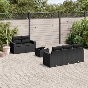 6 pcs conjunto sofás de jardim c/ almofadões vime PE preto