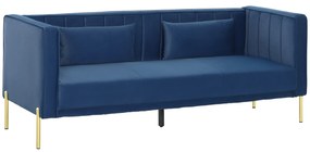 HOMCOM Sofá de 3 Lugares Estofado em Veludo com 2 Almofadas Apoio para os Braços e Pés Dourados 194,5x76x76 cm Azul Marinho
