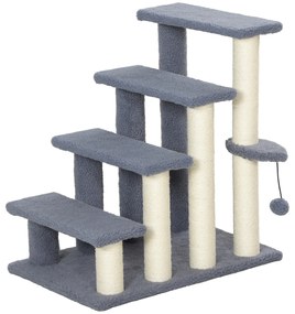 Arranhador para Gatos de 4 Níveis Escada para Animais de Estimação Revestida com Franela Suave Poste de Sisal Bola Suspensa 60x40x64 cm Cinzento
