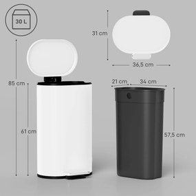 Caixote do lixo de cozinha de 30 L, com pedal, balde interior removível, tampa com fecho suave, 36,5 x 31 x 61 cm, branco