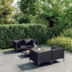 vidaXL 5 pcs conj. lounge jardim c/ almofadões vime PE cinzento-escuro