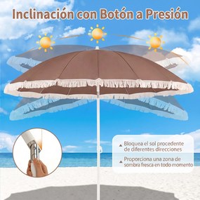 Guarda-sol de praia com franjas, 200 cm, 12 varas, ângulo de inclinação ajustável, proteção solar, estilo boémio, para jardim, pátio ou piscina, Cafe