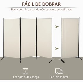 Biombo de 3 Paineis Separador de Ambientes Dobrável Biombo de Privacidade com 6 Pés de Metal 253x50x182 cm Bege