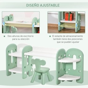 HOMCOM Conjunto de Mesa e Cadeira Infantil 2 em 1 com Prateleira Conjunto de Mesa e Cadeira para Crianças com 4 Prateleiras de Armazenamento para Livros Brinquedo 150x35x62,5cm Verde e Branco
