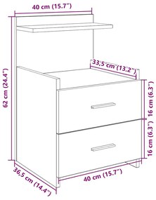 Mesa de cabeceira com 2 gavetas carvalho fumado 40x36,5x62 cm