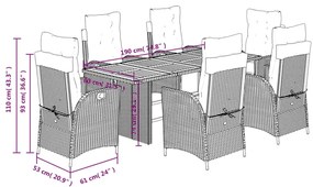 7 pcs conjunto de jantar p/ jardim c/ almofadões vime PE preto