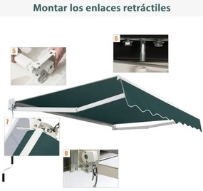 Toldo retrátil 245 x 200 cm com manivela manual em poliéster impermeável, marquise em alumínio para porta de janela verde