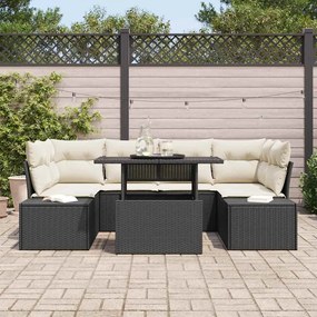 Conjunto de Sofá de Jardim com 7 Peças e Almofadas Preto em Rattan