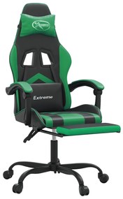 Cadeira gaming giratória c/ apoio pés couro artif. preto/verde