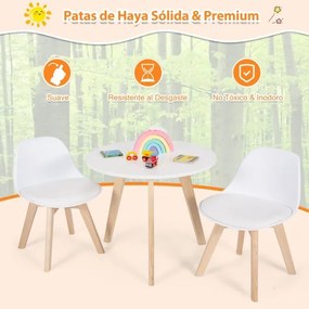 Conjunto de mesa e cadeira de 3 peças para crianças com pernas de madeira 60 x 50,5 cm brancas