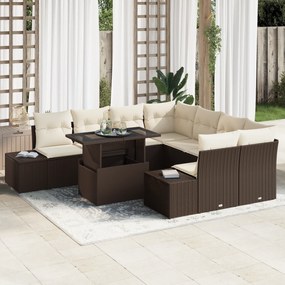 Conjunto de Sofás de Jardim com 9 Peças e Almofadas Castanho em Rattan