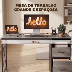 Mesa Gaming 120x50 cm Secretária Gaming Industrial com Compartimento e 2 Gavetas para Escritório Estúdio Cinzento Claro